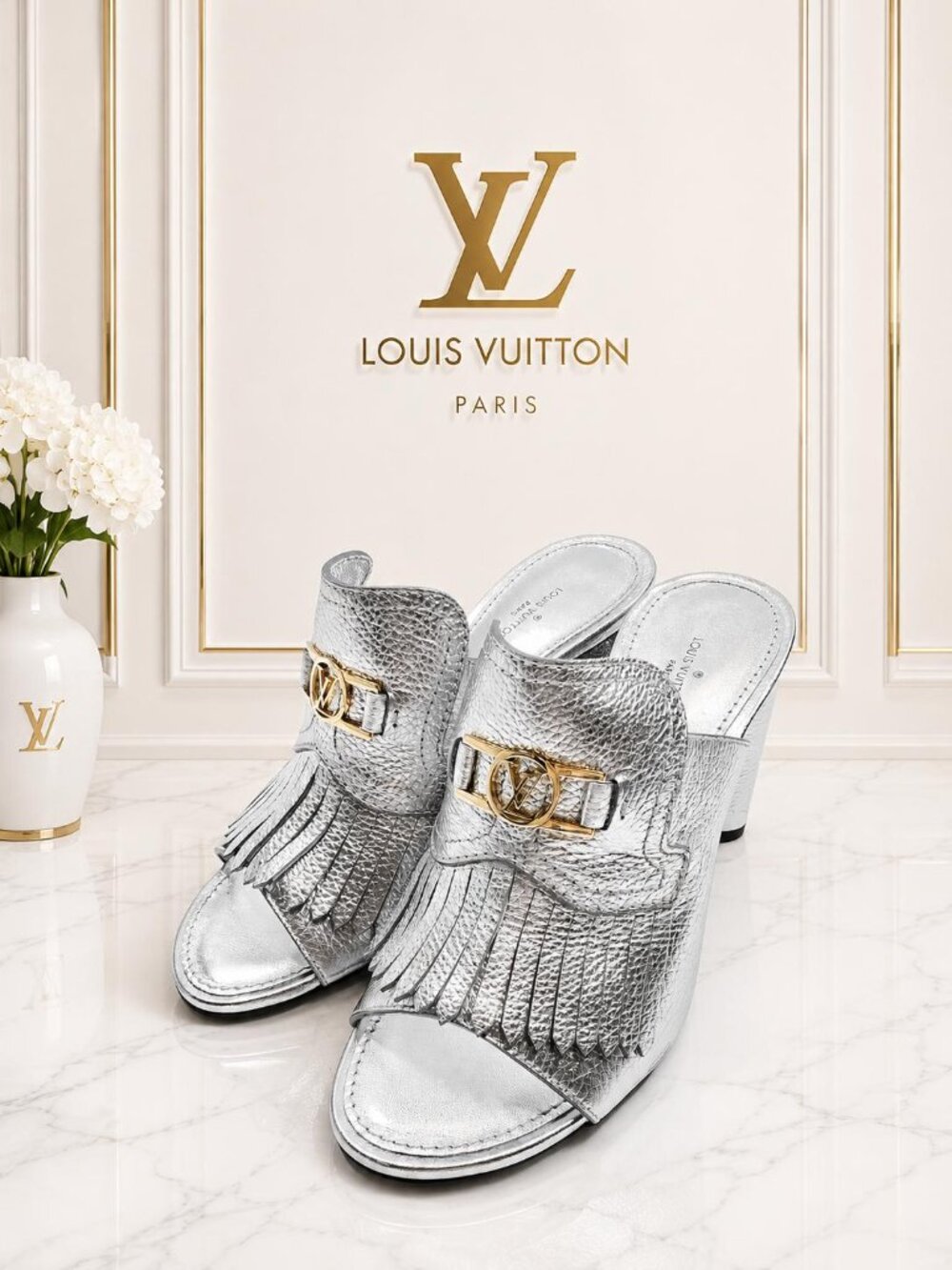 Authentic Louis Vuitton Silver Metallic Leather Fringe Mule Sandals Block Heels